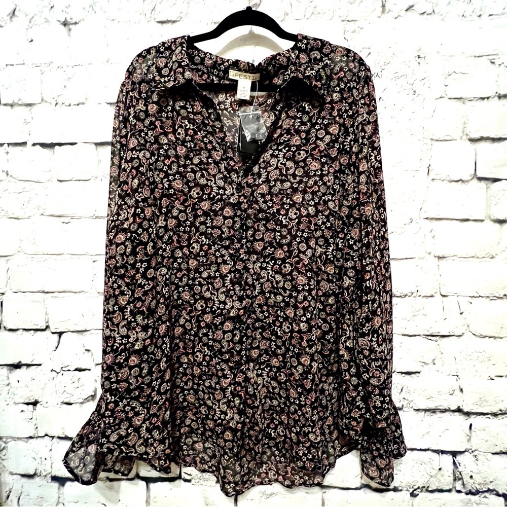 Festi Tissue Weight Chiffon Button Front Puff Sleeve Top Multi Color 4X